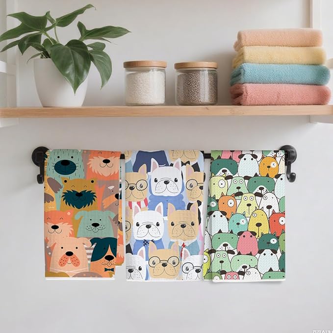 3 Pcs Cute Colorful Animal Kitchen Towels, Cartoon Dog Pattern Decorative Absorbent Microfiber Dish Cloth Tea Towel, Waffle Soft Hand Towels for Farmhouse Home Bathroom, Dog Lover Gifts