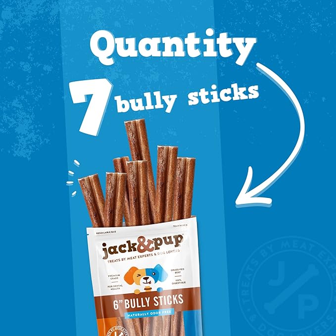 Jack&Pup 6-inch Bully Sticks for Dogs (7 Pack) All Natural Dog Chews Long Lasting, Dog Chews for Medium Chewers