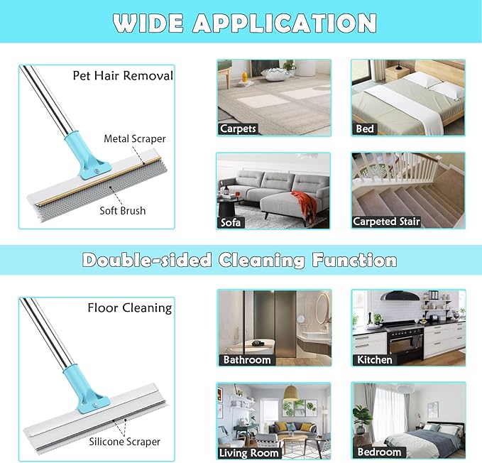 Hotsky Carpet Rake for Pet Hair Removal,3 in 1 Reusable Silicone Carpet Broom,54 inch Adjustable Cat Dog Hair Remover Tool with Lint Scraper and Patented Design for Rugs,Mats,Sofas,Floors