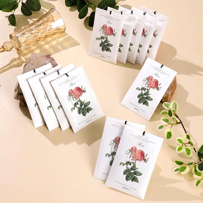 MYARO 12 Pcs Rose Sachets Deodorizer Room Air Freshener Long Lasting Home Odor Eliminating for Drawer Closet Storage