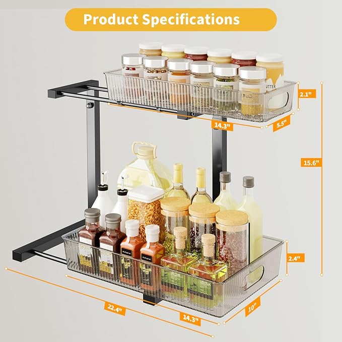 Under Sink Organizer, Under Sink Organizers and Storage with Adjustable Height and PET Basket, Pull Out Under Cabinet Organizer for Counter Kitchen, Vanity, Laundry, Pantry (2Packs, Black)