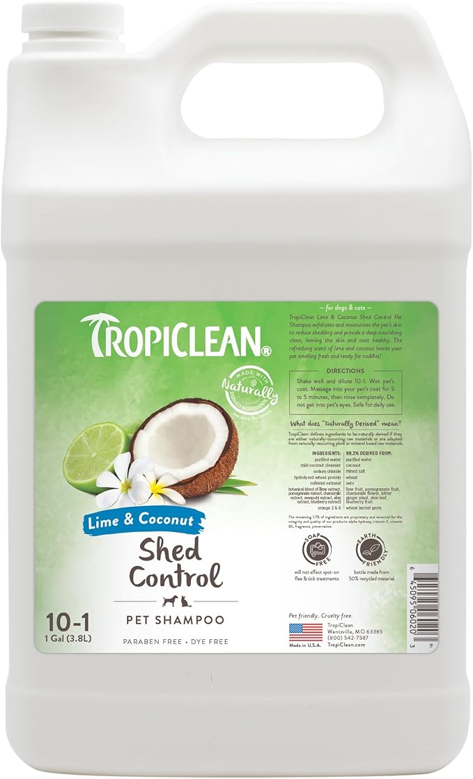 TropiClean Deshedding Dog Shampoo, Professional Dog Shampoo, Fast-Acting Shedding Control, Puppy Safe, Made in USA, Lime & Coconut Scent, 1 Gallon