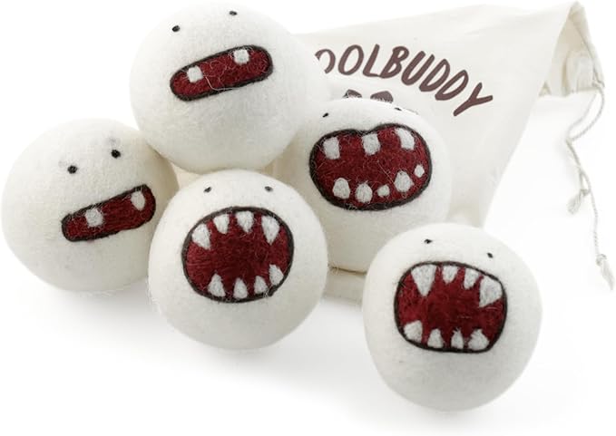 Woolbuddy Dryer Balls, 6-Pack Reusable Wool Laundry Accessories, Monster Design for Pet Hair Removal, Home Essentials, Cute and Efficient Drying Solution