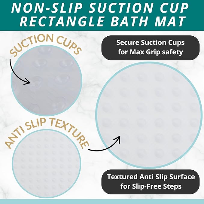 ENKOSI Non Slip Shower Mat – Bath Mat for Tub and Shower Floors – Anti Slip Bathtub Mat with Strong Suction Cup Grip – Soft, White Bathroom Mat for Inside Baths and Showers (28x16 Clear)