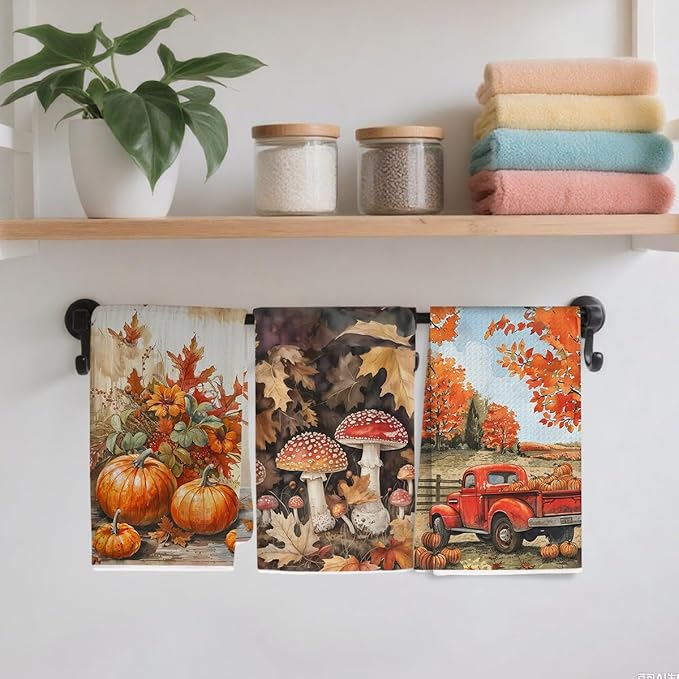 3 Pcs Fall Themed Kitchen Towels, Rustic Pumpkin Decorative Absorbent Microfiber Dish Cloth Tea Towel, Maple Leaves Waffle Soft Hand Towels for Farmhouse Home Kitchen, Mushroom Gifts