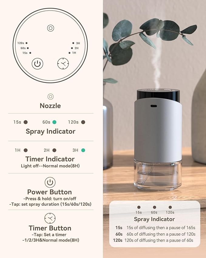 Waterless Essential Oil Diffuser Aromatherapy Scent Diffusers for Home Large Room, Car, Office, Desk, Mini Battery Operated Cordless Air Freshener, 4 Timers & 3 Mist Levels, 100ml Capacity (Silver)