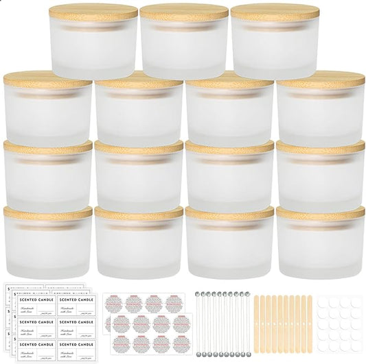4oz Candle Jars for Making Candles, 15 Pack Small Frosted Glass Empty Candle Jars with Bamboo Lids and Wick Kit, Mini Wide Mouth Candle Container Bulk, Ideal for Candle Business Owners