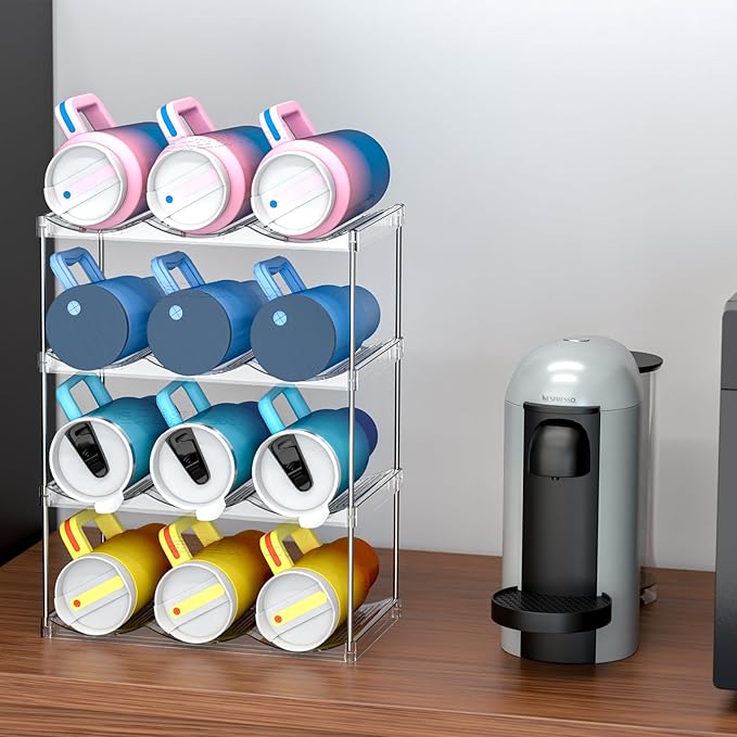 Stackable Water Bottle Organizer for Cabinet,4 Pack Water Bottle Holder for Stanley Yeti 40 oz Bottle Shelf,Clear Tumbler Storage Organizer,Wine Rack,Cup Organizer for Kitchen Cabinets Counter Pantry