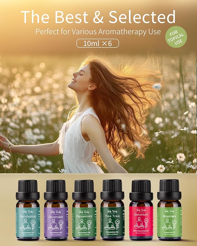 VTS Essential Oils Set (6 x 10ml) - Lavender, Peppermint, Eucalyptus, Tea Tree, Geranium, Rosemary, Aromatherapy Oils Gift Set for Home Diffusers, Skin & Hair Care, Soap & Candle Making, Humidifiers