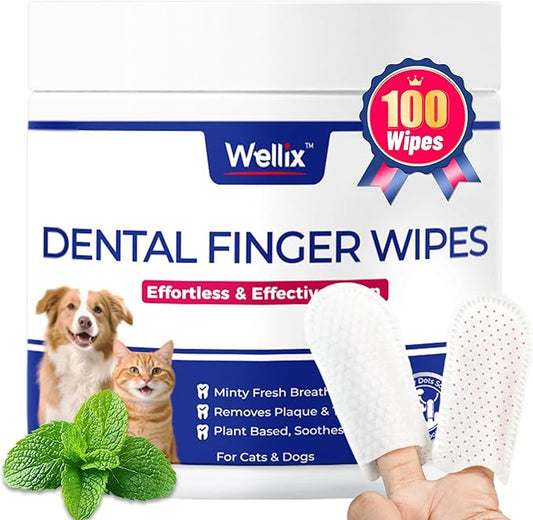 Wellix 100 Count Dog Teeth Cleaning Wipes for Dogs & Cats - Natural Formula Dental Care Finger Wipes Reduces Dog Plaque, Tartar & Bad Breath - No-Rinse Disposable Dog Dental Wipes