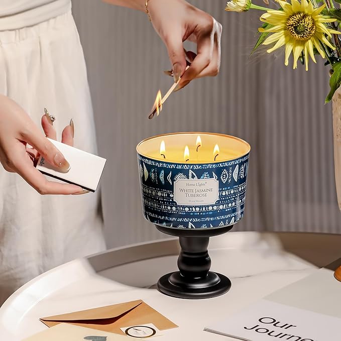 HomeLights Scented Candles for Women & Men, 18oz Candle Jars Aromatherapy 4-Wick Candle, Ideal for Bohemian Natural Textures Home Decor and Gifts, White Jasmine Tuberose