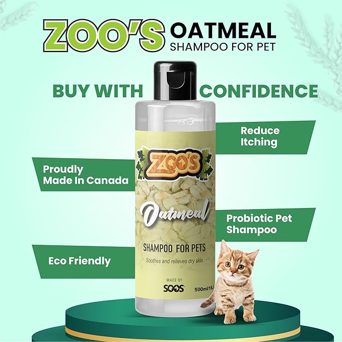 Zoo’s Pet Oatmeal Dog Shampoo for Cats and Pets Fast Absorbing Moisturize Skin Provides Relief to Dry, Itchy Skin While Softening Your Pet’s Coat - 1x Dog and Cat Shampoo (500ml / 16.9oz)