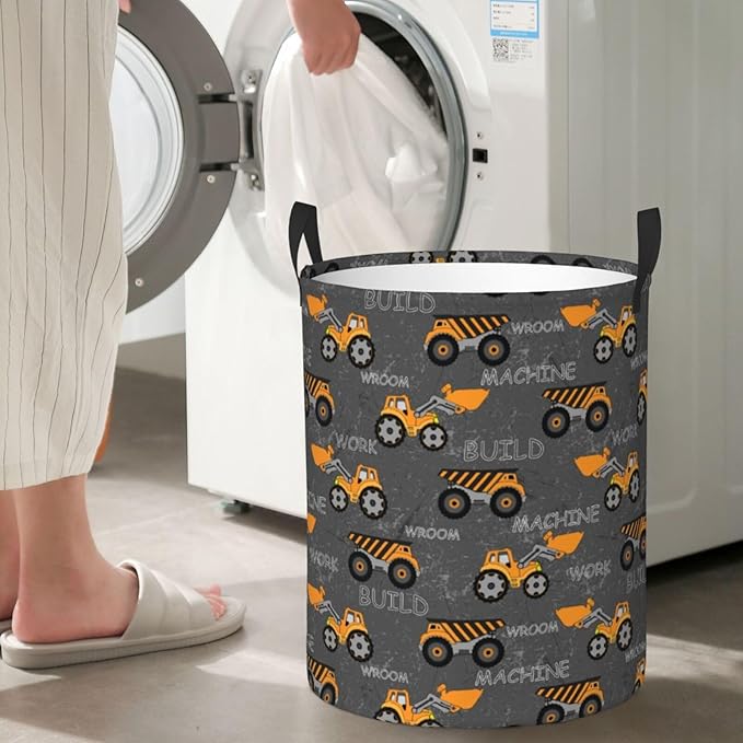 Cute Excavator Engineering Vehicle Laundry Hamper Bag With Waterproof Liner - Round Laundry Basket Foldable Clothes Storage Organizer For Bathroom Bedroom Nursery Dorm, M-19.6"X 15.7"