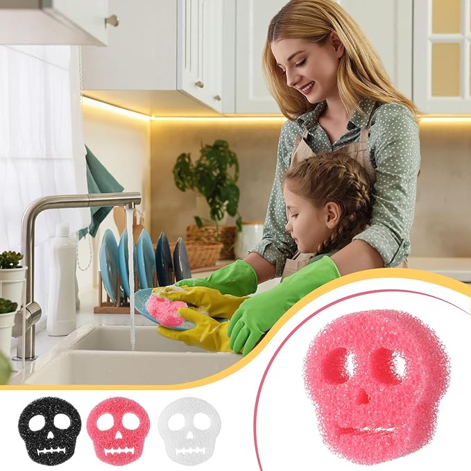 3 Pcs Dual Sided Scrub Sponge Multi Functional Cute Temperature Sensitive Non Scratch Dish Sponge for Washing Dishes Kitchen Bathroom (Skull,Pink, Black, White)
