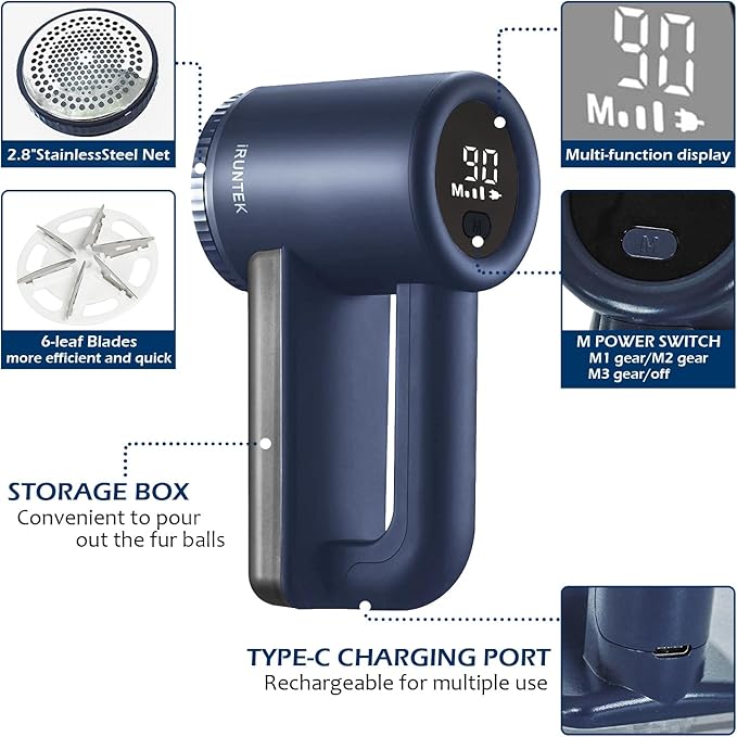 iRUNTEK Rechargeable Fabric Shaver & Lint Remover｜3-Speed Lint Shaver with LED Display & Large Lint Bin｜Sweater Shavers to Remove Pilling｜Eliminates Fuzz & Pilling from Clothes Couch Furniture, Navy