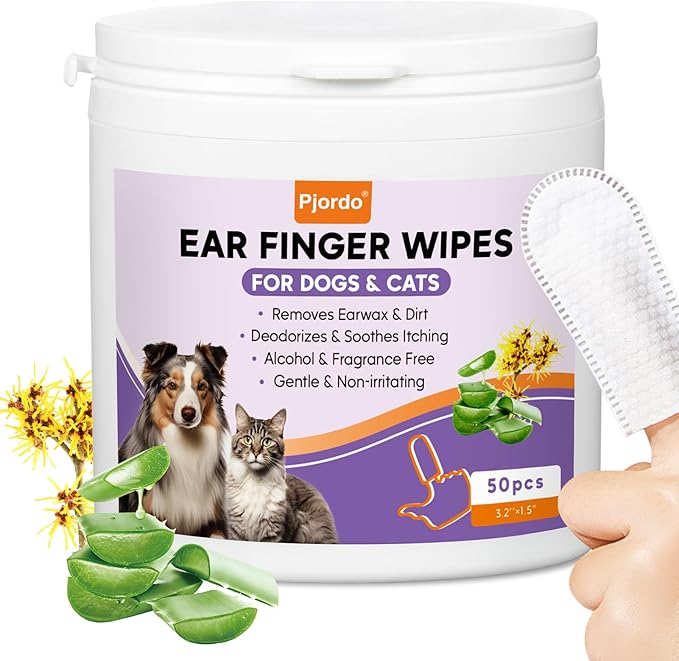 Dog Ear Cleaner Finger Wipes, Ear Finger Wipes for Dogs & Cats, Gently Remove Ear Wax, Debris, Sooths & Deodorizes, Relieve Ear Itching, Pet Ear Wipes with Aloe Vera & Witch Hazel - 50 Count