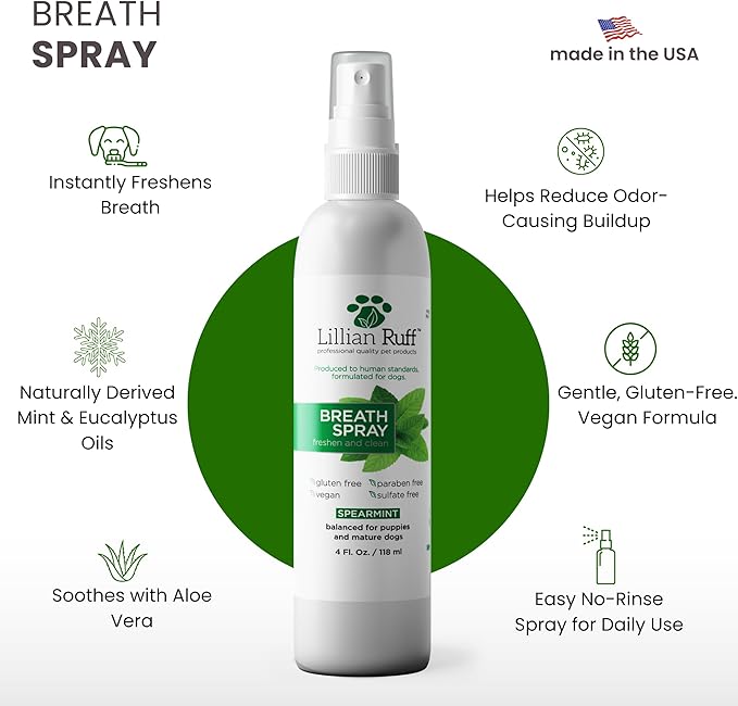 Lillian Ruff Dog Breath Freshener Dental Care Spray - Dog Oral Health Teeth Cleaning Formula Targets Bad Dog Breath, Plaque & Tartar Build-Up, Supports Oral Care, Gum Health & Immune System (4oz)