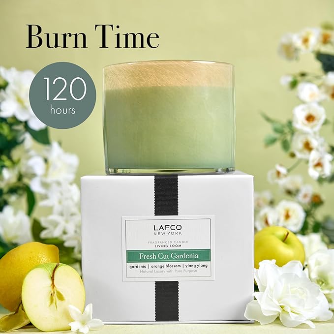LAFCO New York 3-Wick Candle, Fresh Cut Gardenia - 30 oz - 120-Hour Burn Time - Reusable, Hand Blown Glass Vessel - Made in The USA