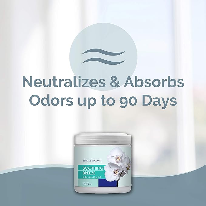 SMELLS BEGONE Air Freshener Odor Absorber Gel - Absorbs Odor from Bathrooms, Cars, Pet Areas, Boats and RVs - Made with Essential Oils - Soothing Breeze Scent - 15 Ounce