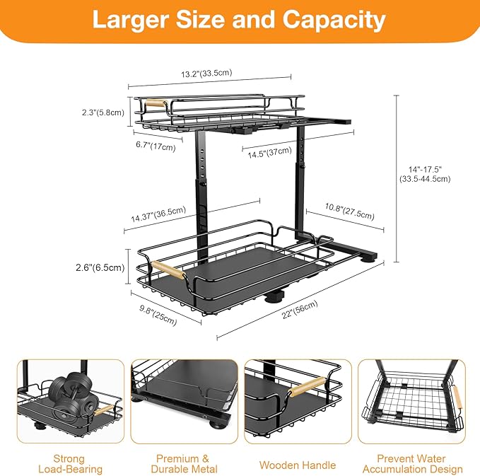 JYPS 2 Pack Under Sink Organizer, 2 Tier Pull out Under Kitchen Bathroom Sink Organizer and Storage, Metal Sliding Drawer for Cabinet Pantry Undersink Organizers Shelf