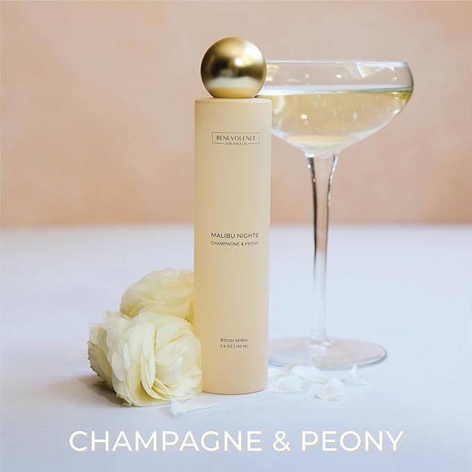 Benevolence LA Malibu Nights Room Spray | Champagne & Peony | 3.4oz | Versatile Home Fragrance, Pillow & Linen Spray | Low VOC, No Alcohol | Malibu Sands Collection