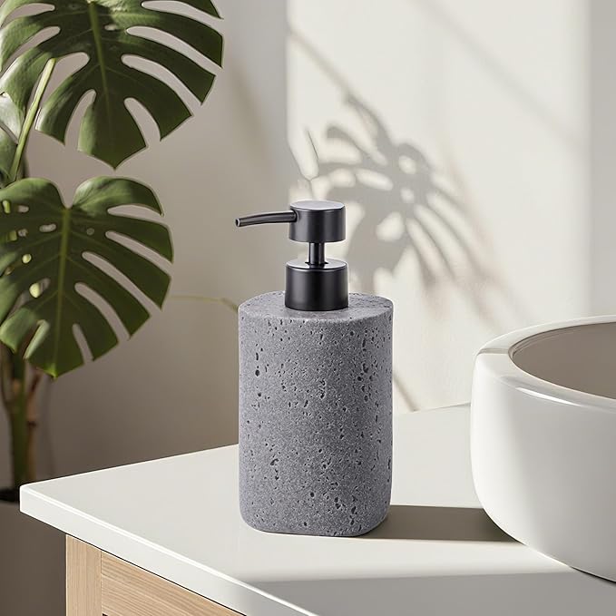 2 Pack Gray Resin Soap Dispensers, Refillable Liquid Lotion Dispenser Bottles with Travertine-Look for Bathroom and Kitchen Countertop, Modern Stone Texture (10.8 oz)