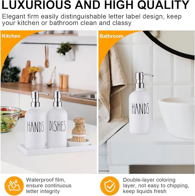 Glass Soap Dispenser for Kitchen,Farmhouse Kitchen Dish Hand Soap Dispenser Set,Rustproof Pump Soap Lotion Dispenser Set with Tray and Dish Brush,Kitchen Decor White-Silver Pump