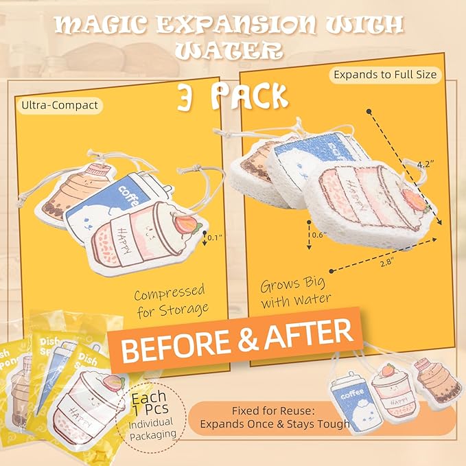 3 Pcs Compressed Wood Pulp Cotton Sponges with Hanging String, Bulk Cleaning Sponges for Dishes Kitchen Bathroom, Non-Scratch Durable and Absorbent Design, Cute Drink-Shaped