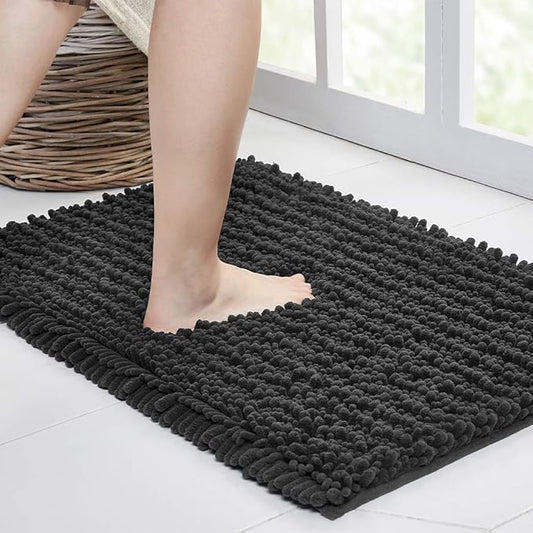 Walensee Bathroom Rug Non Slip Bath Mat (24x17 Inch Dark Grey) Water Absorbent Super Soft Shaggy Chenille Machine Washable Dry Extra Thick Perfect Absorbant Best Small Plush Carpet for Shower Floor