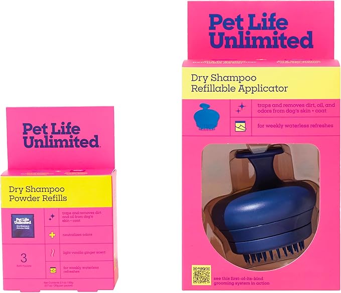 Pet Life Unlimited Dry Shampoo Refillable Applicator & 3 Count Dry Shampoo Powder Refills