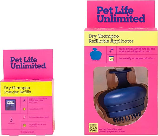 Pet Life Unlimited Dry Shampoo Refillable Applicator & 3 Count Dry Shampoo Powder Refills