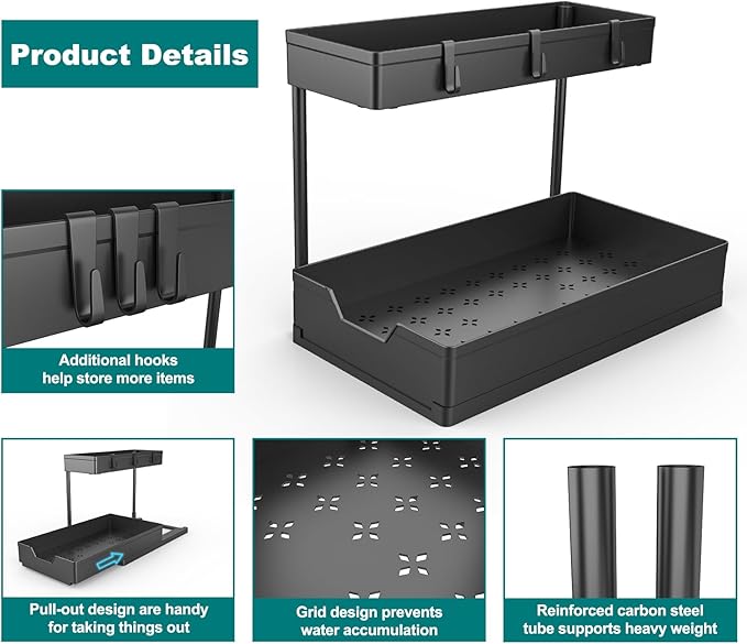 2 Pack Under Sink Organizer 2 Tier Sliding Cabinet Organizers Multi-Purpose Sink Storage Basket L-Shape Narrow Space Storage Shelves with 4 Hook for Kitchen Bathroom Drawer, Black