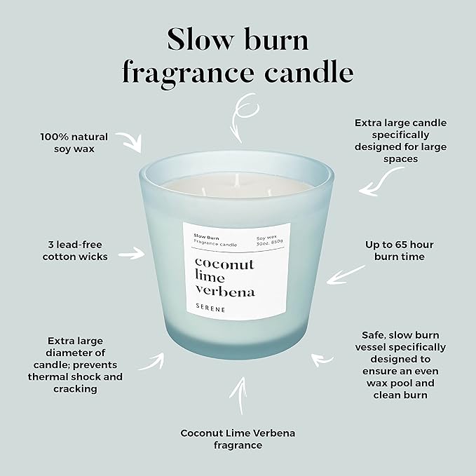Hidden Label Large Scented Candle, Coconut Lime Verbena, 30oz 3 Wick Huge Candle, Serene Collection Slow Burn Natural Soy Candles for Home Scented