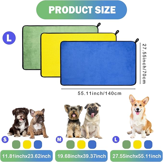 MICOOYO 3PCS Dog Towels for Drying, Super Absorbent Pet Grooming Towels, Quick Drying Dog Bath Towels for Puppy Cats (Green, Blue, Yellow, L)