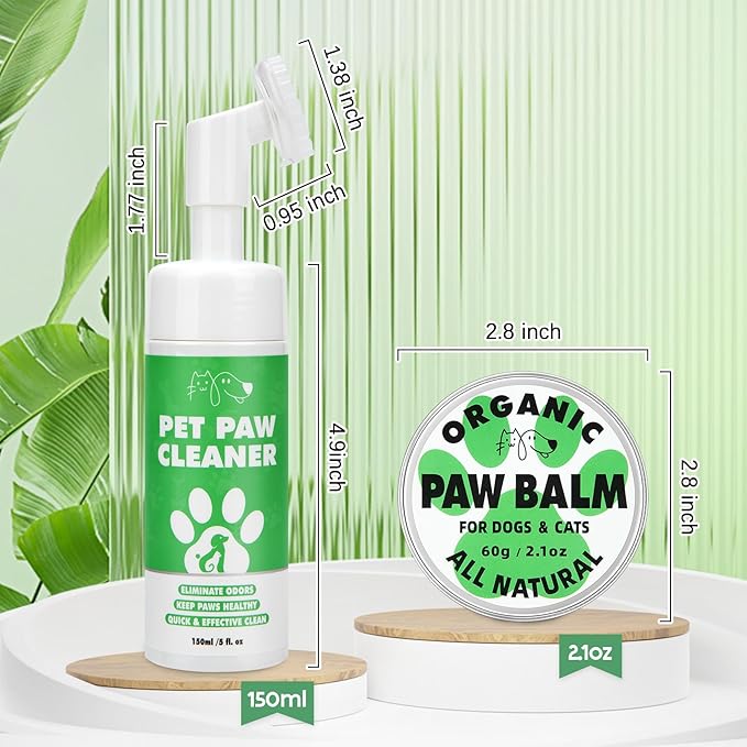 Dog Paw Care Kit, No-Rinse Foam Dog Paw Cleaner with Silicone Brush & Natural Lick-Safe Dog Paw Balm for Heal Dry Cracked Paws & Nose for Dogs & Cats