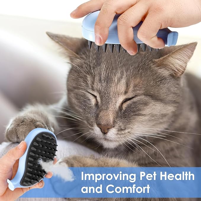 3 in 1 Cat Steamy Brush with Care Solution 2Pcs - Electric Spray Grooming Comb for Cats Dogs, Steaming Silicone Massage Brush - Self Cleaning Pet Hair Remover - Blue & Purple
