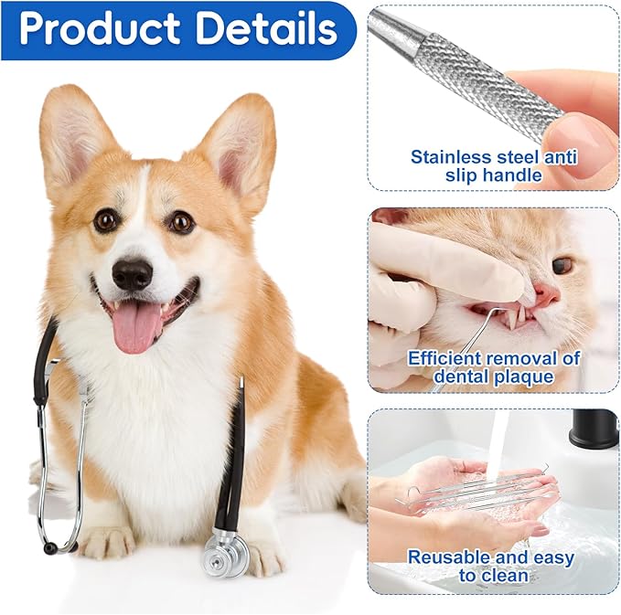 4 Pack Stainless Steel Pet Dental Tools for Dogs and Cats, Professional Tartar Remover Scraper Kit for Teeth Cleaning, Plaque and Calculus Control, Oral Care Hygiene for Home or Vet Use