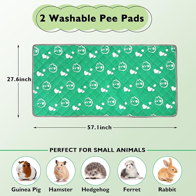 2 Pack Guinea Pig Bedding - Washable Guinea Pig Liners for C&C 2x4 Cage, Waterproof Reusable & Anti Slip Pee Pads Super Absorbent Mats for Small Animal Rabbit Hamster Rat (Green, 57 x 28 Inch)