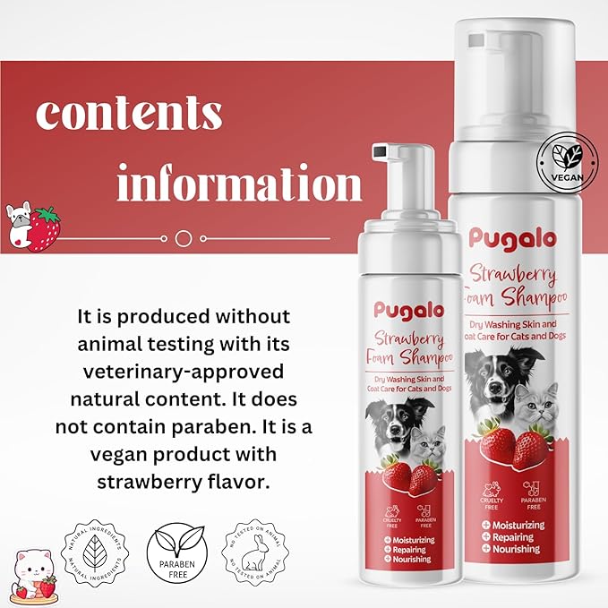 Waterless Cat & Dog Shampoo – 200ml (6.76oz) Strawberry Scented Dry Foam Cleanser & Conditioner – No-Rinse Deshedding Shampoo for Smelly Pets