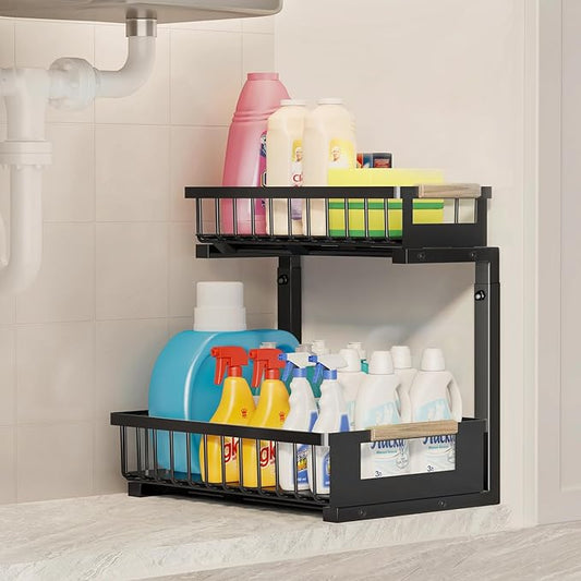 Under the Sink Organizer, 2 Tier Large Pull Out Under Sink Organizer Kitchen with Adjustable Height, Metal Under Cabinet Organizer and Storage for Counter Bathroom Vanity Laundry, Black 1 Pack