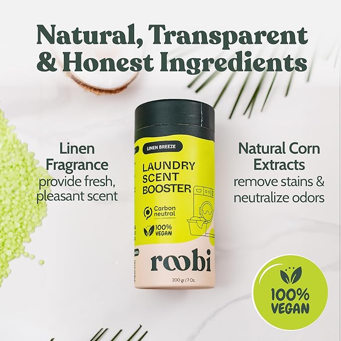 Roobi Sustainable Laundry Scent Booster Beads. Linen Breeze Fragrance Laundry Beads. Up to 20 Washing Cycles. Carbon Neutral, 100% Vegan.
