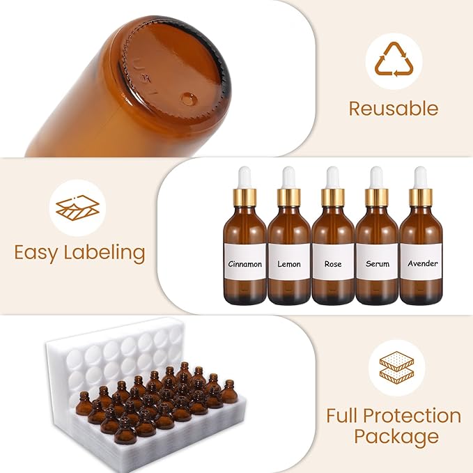 28 Pack 2oz Amber Glass Dropper Bottles with Gold Lids, Funnels, Droppers, Extra Caps & Labels – Leakproof, UV Resistant 60ml Empty Bottle for Tinctures, Essential Oils, Beard & Hair Oils