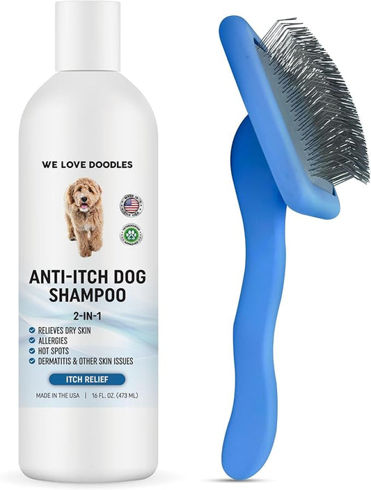 We Love Doodles Anti Itch Dog Shampoo & Slicker Brush - for Sensitive Skin, Dry Skin Treatment, Great for Allergies, Itching Skin, Hot Spots, Allergy Relief, for Grooming Pet Hair, Made in USA