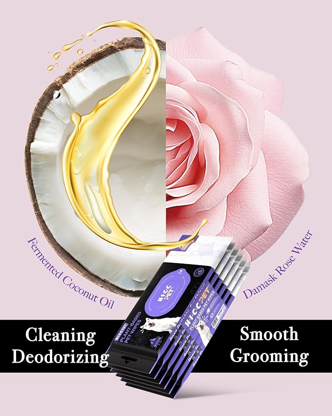 HICC PET Cleaning Deodorizing Wipes for Dogs & Cats, Vet Recommended Nourishes Smoothes Fur Pet Grooming Wipes with Fermented Coconut Oil, Hypoallergenic Plant-Based Wipes for Horse Skin, Coat & Hoof