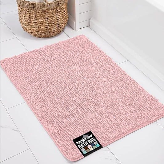 KANGAROO Bathroom Rugs, Chenille Soft Absorbent Bath Rug, Shaggy Shower Mat, Quick Dry Machine Wash Bathmat, Plush Carpet Mats for Tub, Bathtub and Room Home Decor Accessories, 24x17, Light Pink