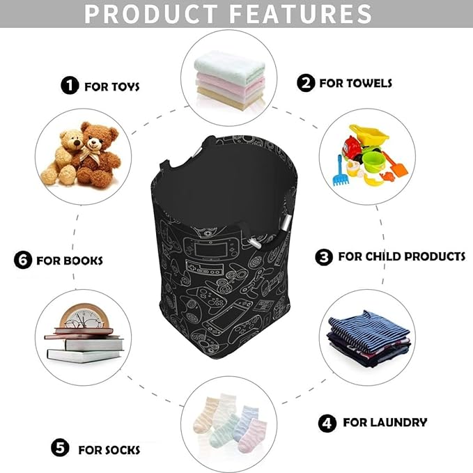 Video Game Controller Background Large Laundry Hamper Bag With Waterproof Liner - Gaming Gadgets Laundry Basket Foldable Clothes Storage Organizer For Bathroom Bedroom Nursery Dorm