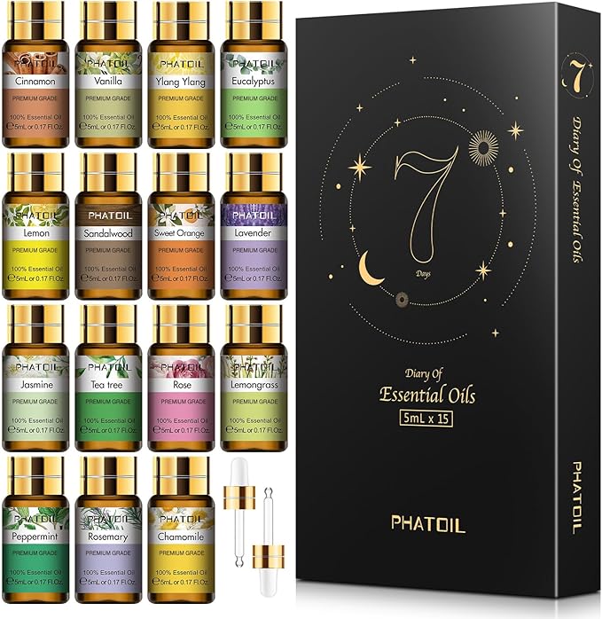 PHATOIL 15PCS Essential Oils Gift Set - Premium Quality 100% Natural Pure Essential Oils for Aromatherapy Diffuser Yoga Home Office Soap Candle Making- 5ml/Bottle
