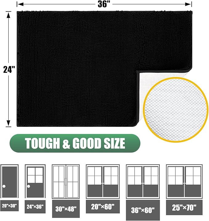 IM HOME Chenille Absorbent Outdoor Doormat 48" x 30", Washable Muddy Door Mats for Dog Non Slip Indoor Doormat Dog Mat for Muddy Paw Front Inside Doormats for Entryway Black
