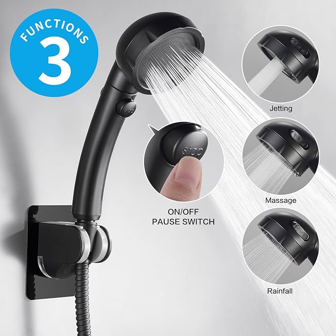 KAIYING Drill-Free High Pressure Handheld Shower Head with ON/OFF Pause Switch 3 Spray Modes Water Saving Showerhead, Detachable Puppy Shower Accessories (N:Shower Head (Black)+Bracket+Hose)