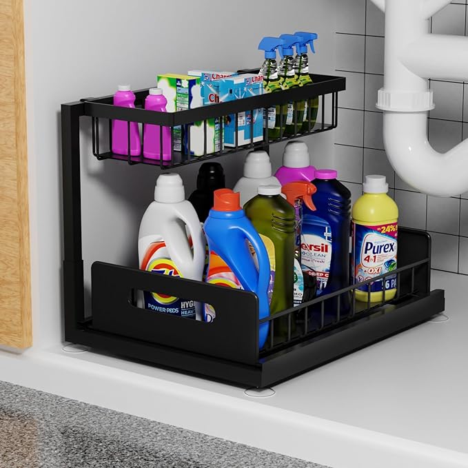 2-Tier Under Sink Slide Out Organizer, Pull Out Cabinet Storage Shelf with Sliding Wire Basket Drawer for Bathroom Kitchen, Countertop or Pantry Shelf, Black